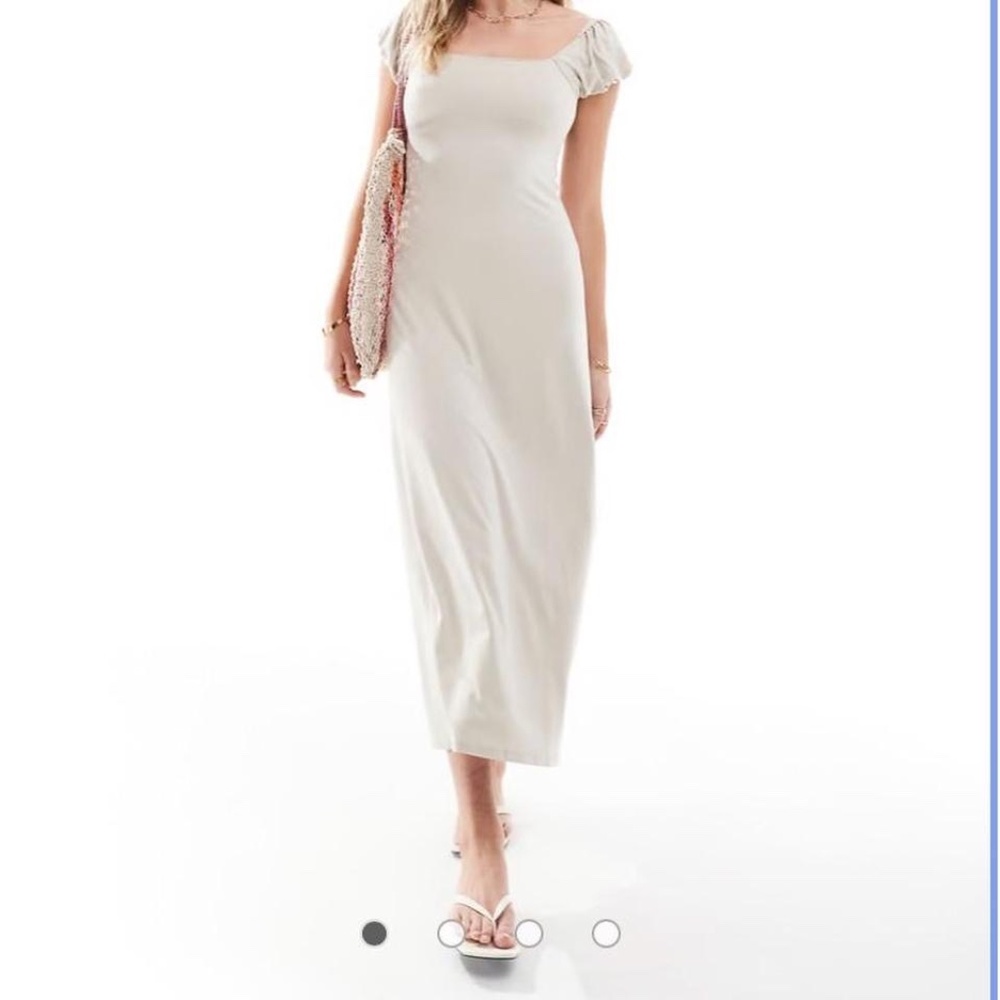 ASOS puff sleeve square neck midi dress in stone